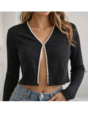 *3 FOR $9* Shein Long Sleeve Faux Pearl Accent Cropped Length Ribbed Cardigan 8